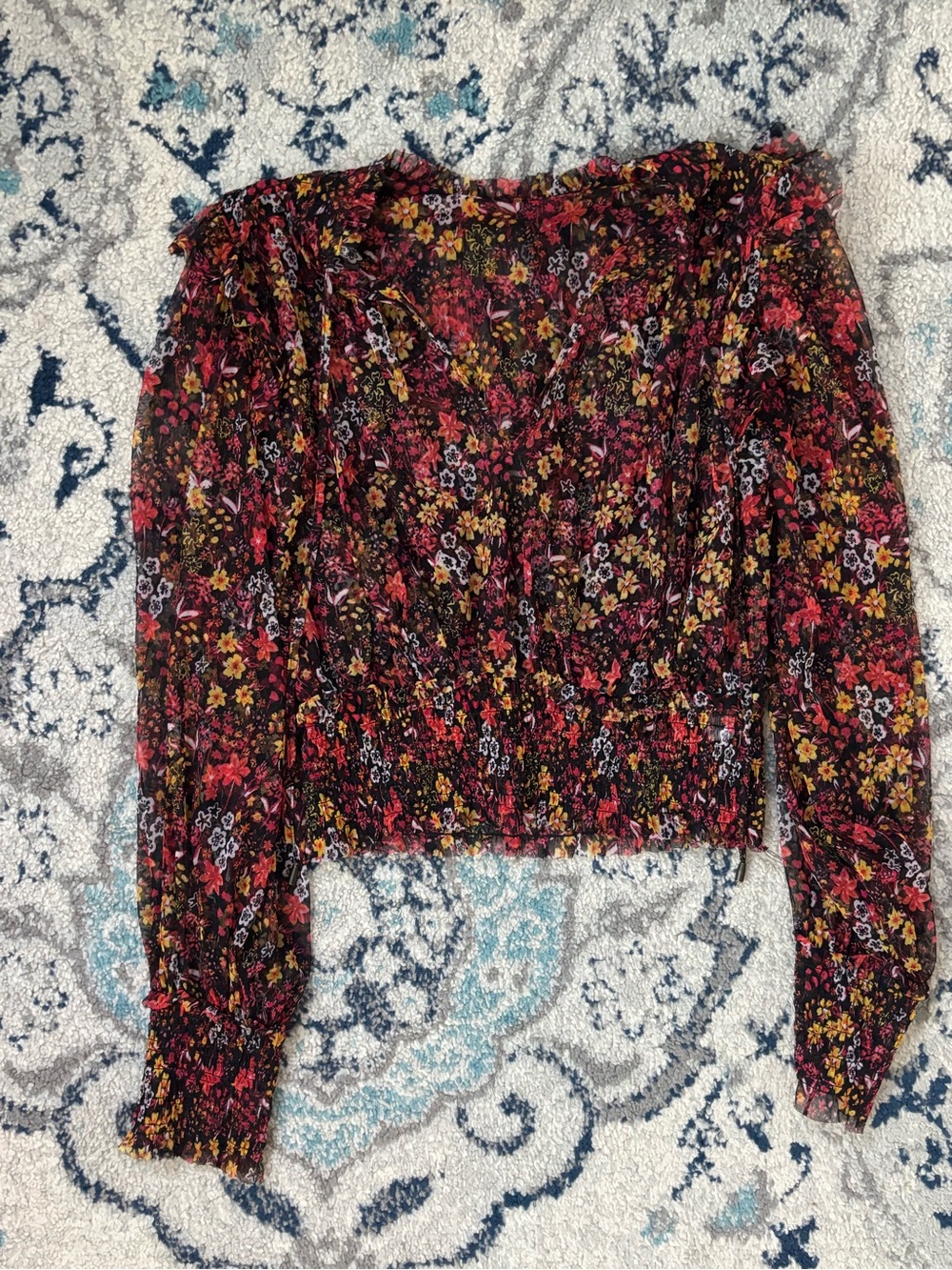Floral Smocked Long-Sleeve Crop Top - Black Multi